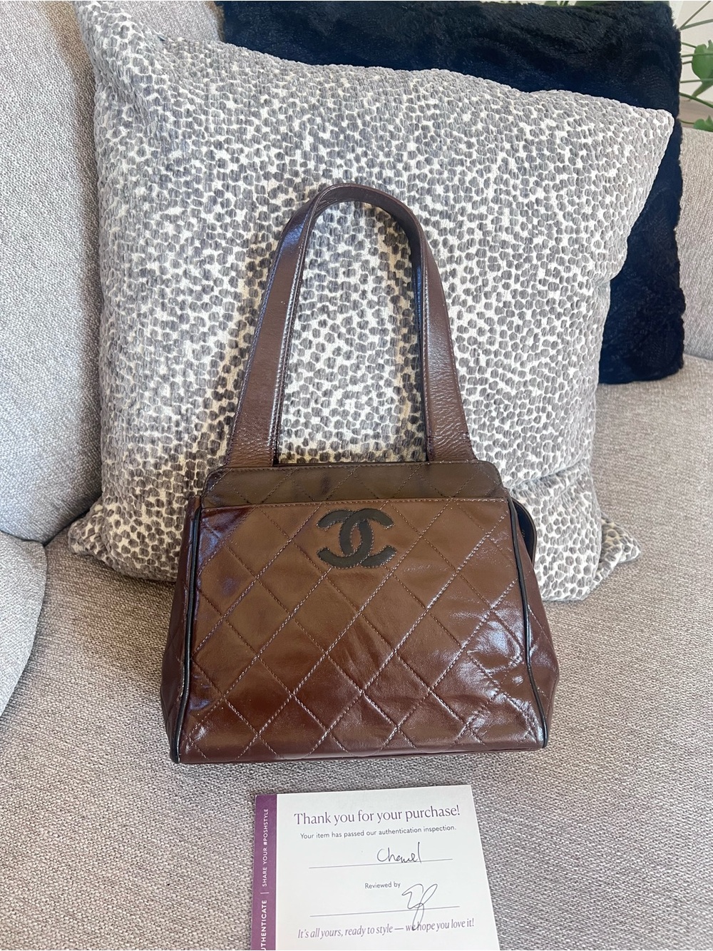 CHANEL Vintage Brown Quilted Lambskin Leather Shoulder Bag with Black CC
